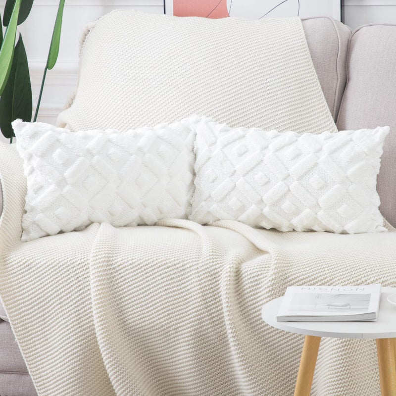 MADIZZ Set of 2 White Plush Short Wool Throw Pillow Covers 12x20 Inch Rectangular Super Soft Cozy Decorative Velvet Cushion Cover for Sofa Bedroom Livingroom Pillow Shell - Image 5